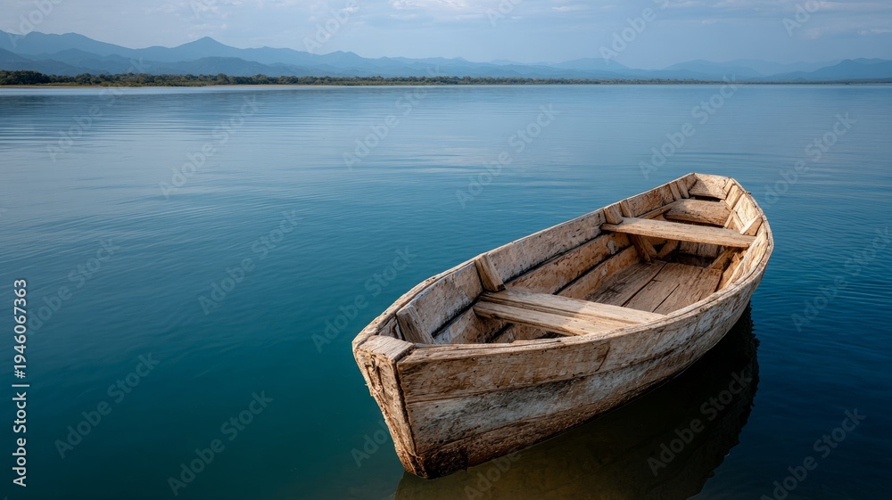 Obraz premium Wooden boat floating on calm lake with mountain backdrop
