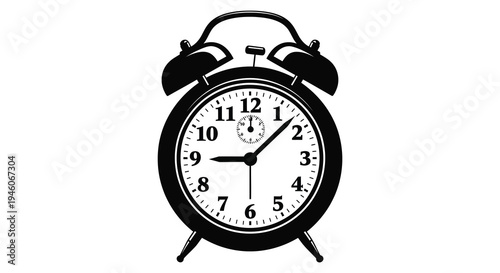 Simple black and white illustration of a classic twin bell alarm clock showing approximately 10 28
