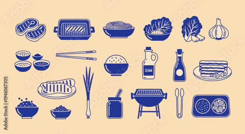 Korean BBQ Food Icons Set