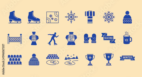 Winter Sports Icons Set: Ice Skating, Snowflakes, Hot Chocolate, Trophy, Beanie