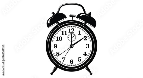 A classic black alarm clock showing approximately 9 50 on its circular face