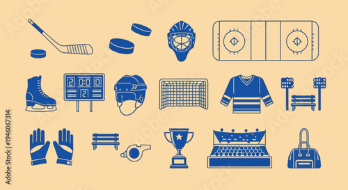 Ice Hockey Equipment and Arena Icons Set