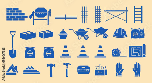 Construction Site Icons: Tools, Equipment, and Materials - Blue Silhouettes