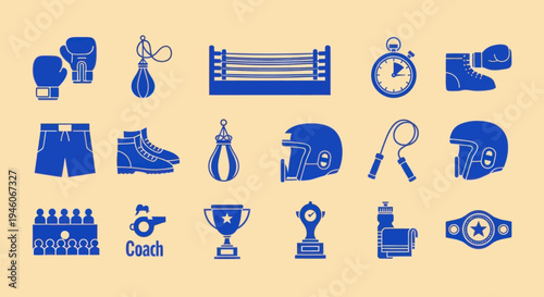 Boxing Icons Set: Gloves, Ring, Stopwatch, Trophy, Shorts, Helmet, Coach, Belt