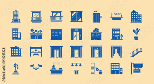 Building Icons Set: Architecture, Elevators, Balconies, Doors, Windows, Stairs, Lorry