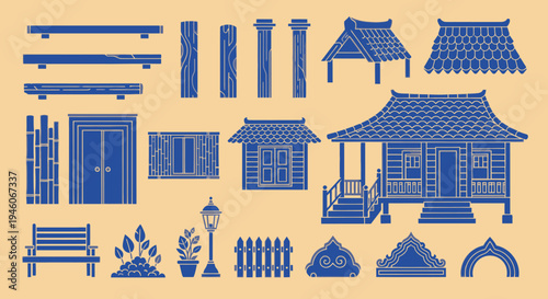 Traditional Indonesian House Elements Collection, Blue Illustration, Vector Art