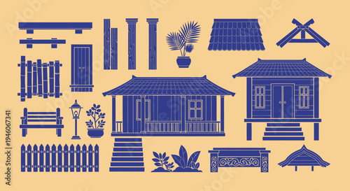 Traditional Asian House Elements and Architecture Vector Set