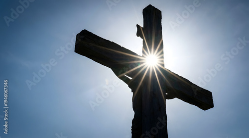Easter Post Christian cross silhouette with sunlight rays spiritual Easter resurrection