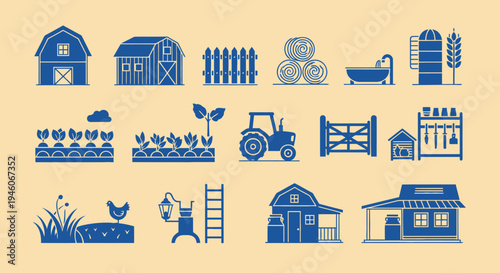 Farm Icons Set: Barns, Tractor, Crops, Chicken, Hay Bales, Fence, Silo, Tools