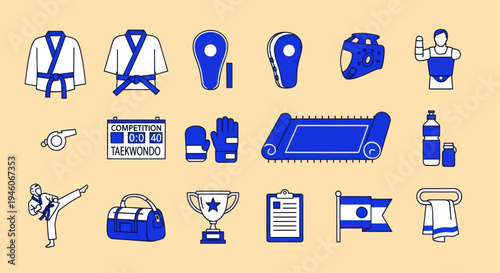 Taekwondo Gear and Equipment Icons Set