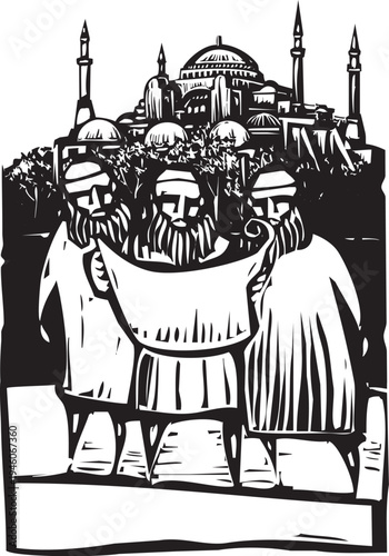 Woodcut style Arab architects with a mosque in the background