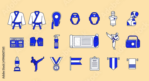 Martial Arts Equipment and Icons - Karate, Taekwondo, Judo Gear and Symbols