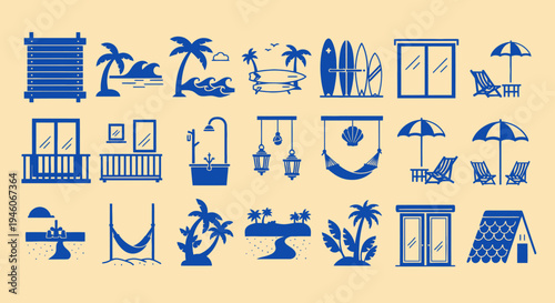 Pixel Art Beach Vacation Icons: Surfboards, Palm Trees, Hammock, Beach Chairs, Doors
