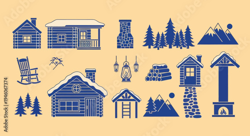 Winter Cabin Icons: Cozy Log Homes, Pine Trees, Mountains, Fireplace, Lanterns