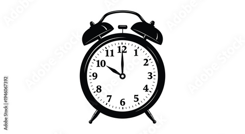 A black silhouette of a classic alarm clock showing approximately 7 30