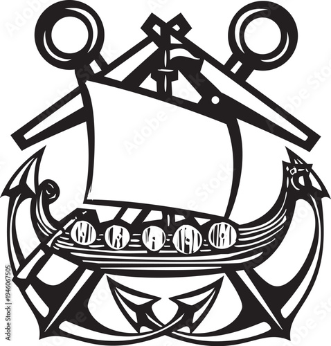 Woodcut anchor with a viking longship