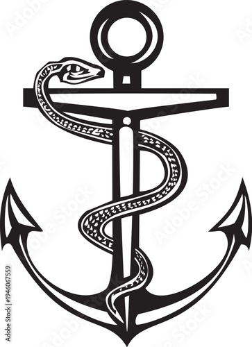 Woodcut style anchor with a snake