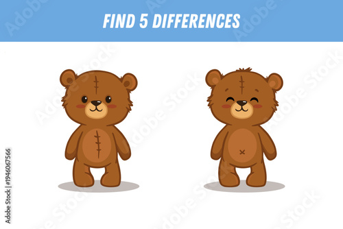 Find five differences between two pictures of cute brown bear. Cartoon teddy bear. Activity page. Vector illustration