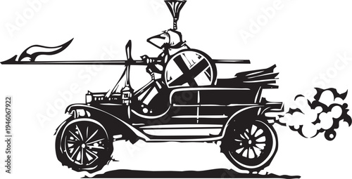 Woodcut expressionist image of a Jousting Knight in a vintage Car