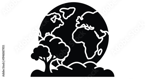 Stylized black silhouette of earth with trees and landmasses against a dark background