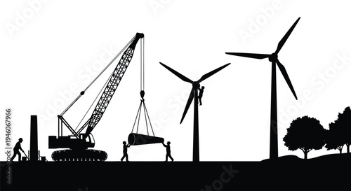 Vector silhouette of industrial wind farm construction