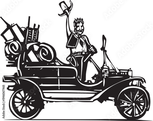 Woodcut cowboy riding in a vintage car full of luggage 