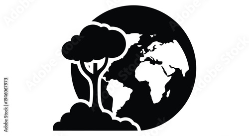 A stylized black silhouette of earth with a tree and clouds