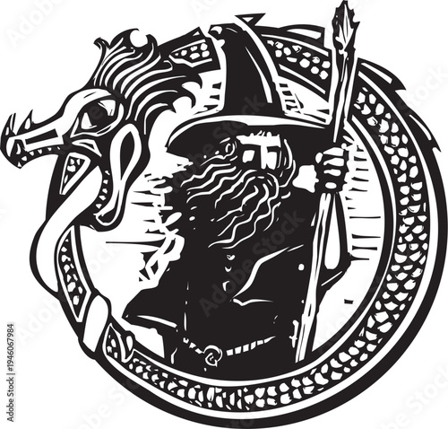 Woodcut expressionist fantasy wizard surrounded by a dragon or serpent