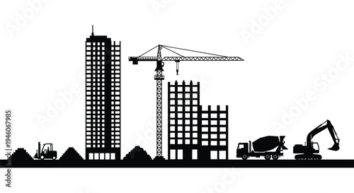 Set of 6 construction icons vector, black silhouette