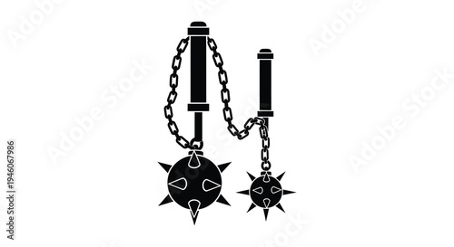 A black silhouette of a flail weapon with spiked balls and a chained handle