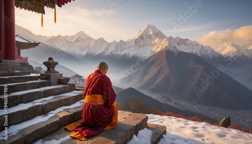 A lone monk in deep red and saffron traditional robes kneeling in silent prayer on stone steps