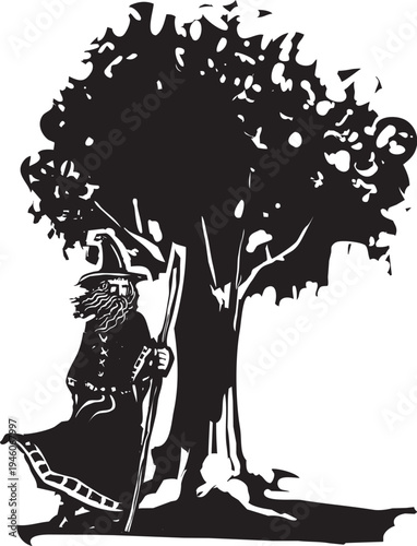 Woodcut style expressionist image of a fantasy wizard with staff.