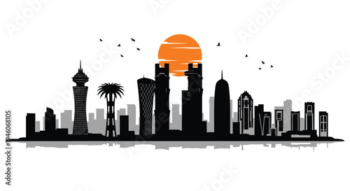 City skyline silhouette vector, sunset, black buildings illustration