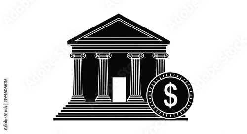 A black and white illustration of a classical building with a dollar sign