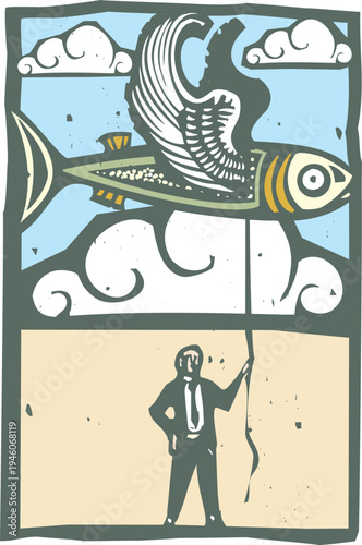 Man flying a fish on a string like a balloon