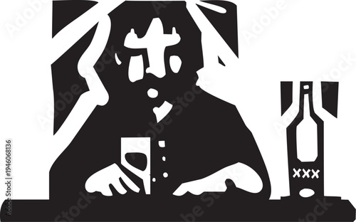 Woodcut expressionist image of a man drinking alone