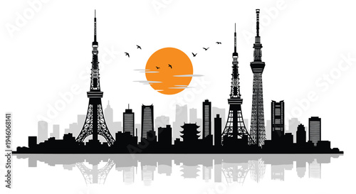 Vector Tokyo city skyline silhouette with sun