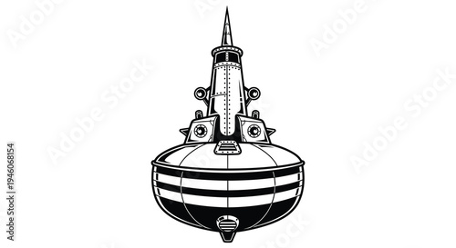 Stylized black and white illustration of a retro futuristic lighthouse submarine high quality professional