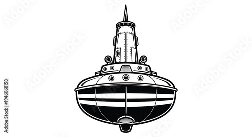 Vintage style illustration of a black and white tugboat with a rounded hull
