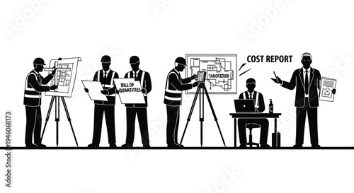 Set of 6 businessmen discussing project cost report vector