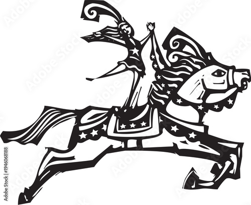Woodcut style expressionist image of a circus girl riding a horse