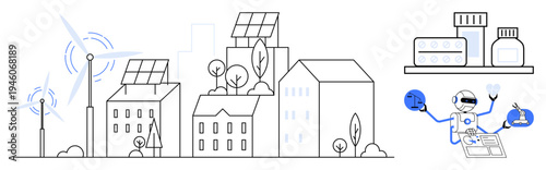 Sustainable cities, renewable energy, healthcare innovation, smart technology, automation, AI development. Solar panels and wind turbines beside urban buildings. Sustainability and healthcare