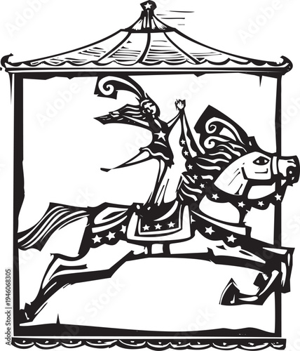 Woodcut expressionist image of a circus performer under the big top riding a horse