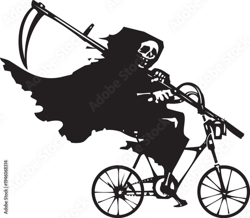 Woodcut expressionist image of death on a bicycle