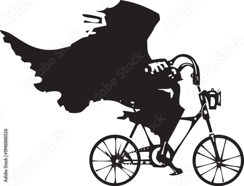 Woodcut expressionist image of death on a bicycle