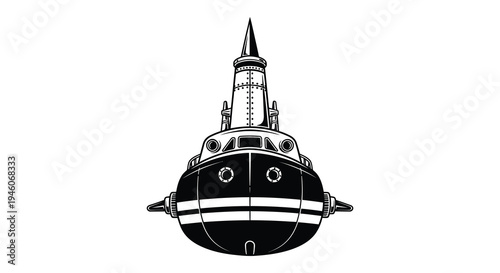 Stylized black and white illustration of a retro rocket ship or spacecraft