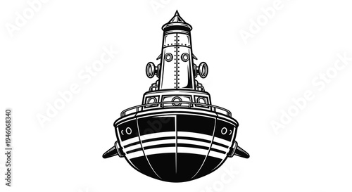 Vintage style illustration of a black and white tugboat facing forward