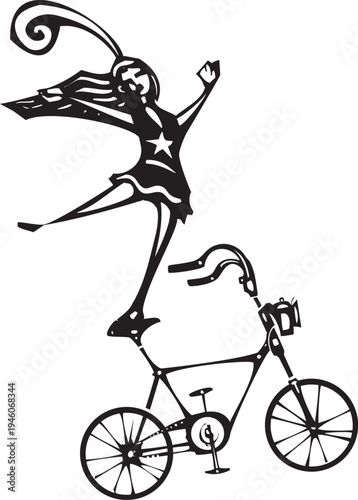 Woodcut expressionist image of a circus girl on a bicycle