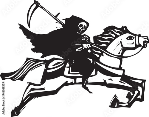Woodcut expressionist image of Death on a white horse