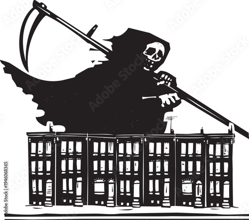 Woodcut style image of death stalking an urban scene with rowhouses 
